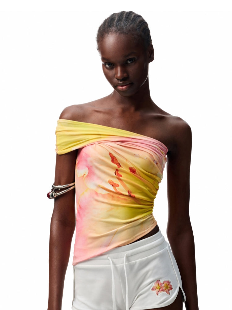 Slanted Shoulder Wrinkle-Printed Floral Vest - CHINASQUAD