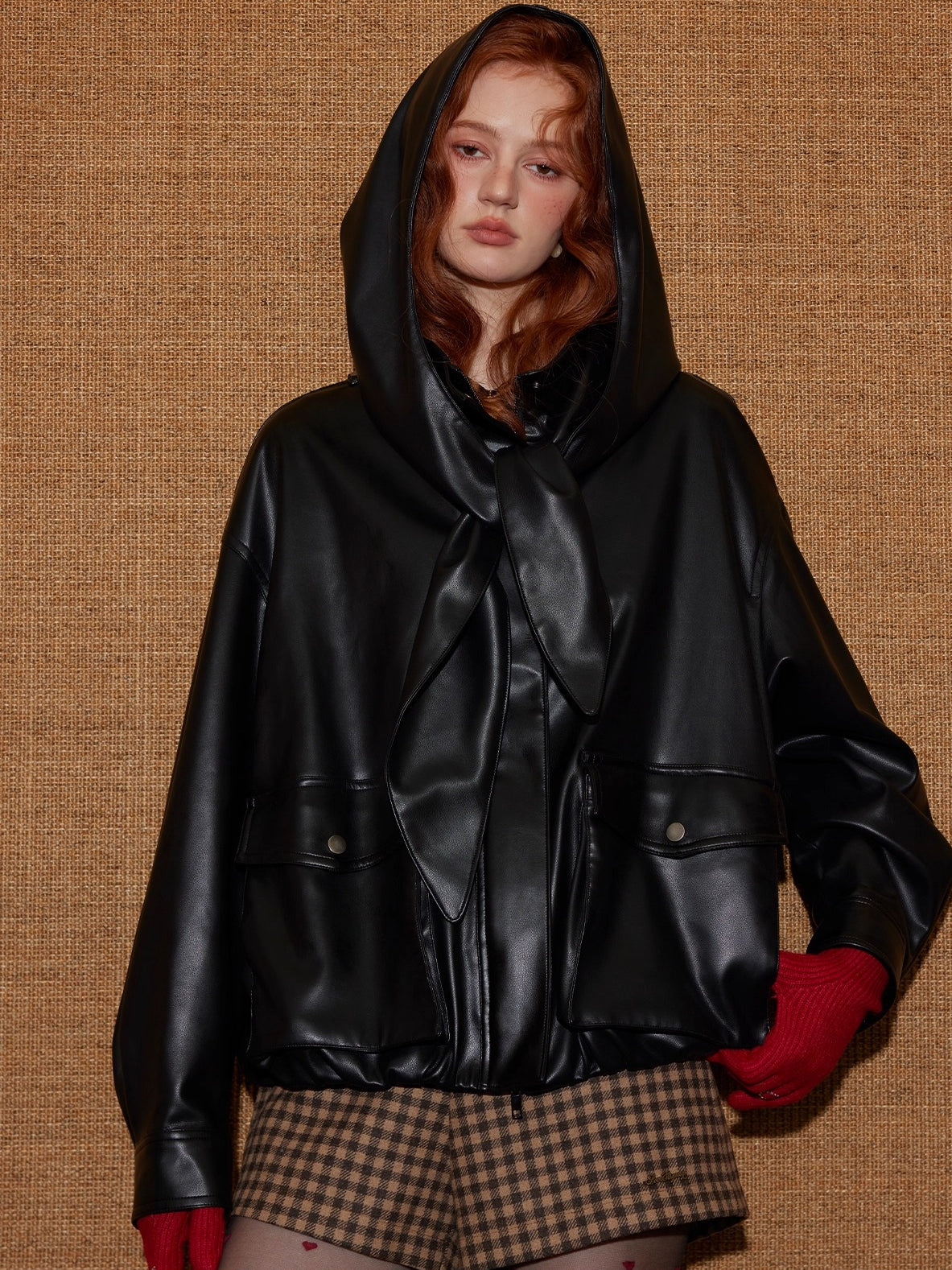 Detachable Bunny-Ear Hood Cropped PU Leather Jacket