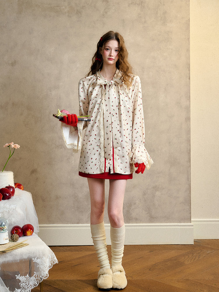 Berry Lace Print Shirt Dress - CHINASQUAD