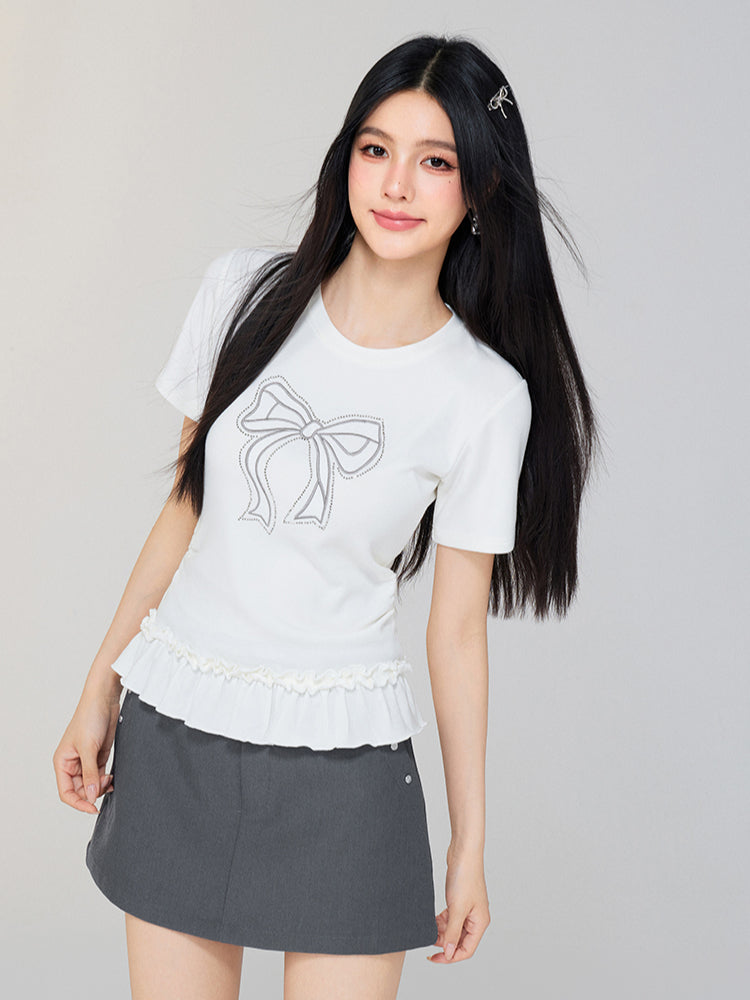 Ballet-style Bow-adorned Short sleeve Top - CHINASQUAD