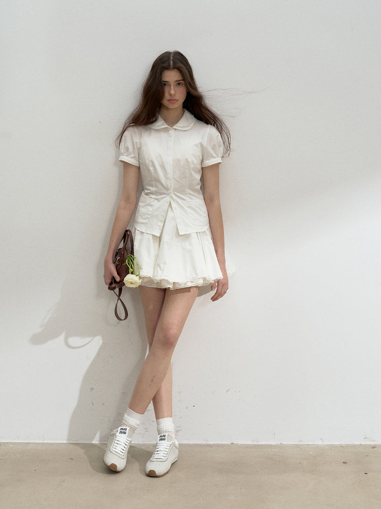 Cotton Lace Embroidered Collar Shirt & Skirt Set - CHINASQUAD
