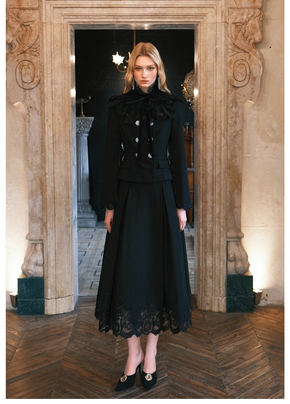 Mirage Vintage Lace-Collar Blazer & Flared Skirt Set - CHINASQUAD