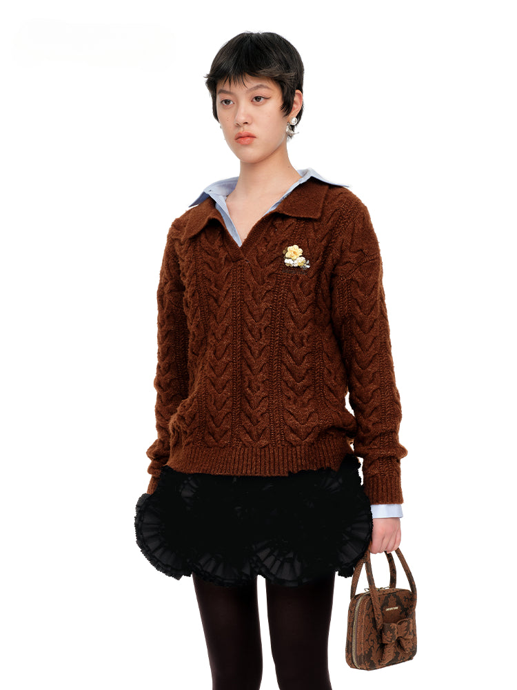 Black & Brown Floral Embellished Collared Knit Sweater - CHINASQUAD