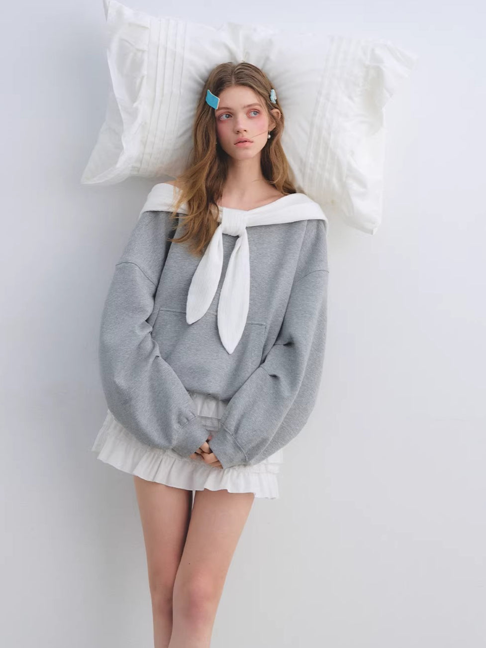 Rabbit-Ear Bow Off-Shoulder Hooded Sweatshirt