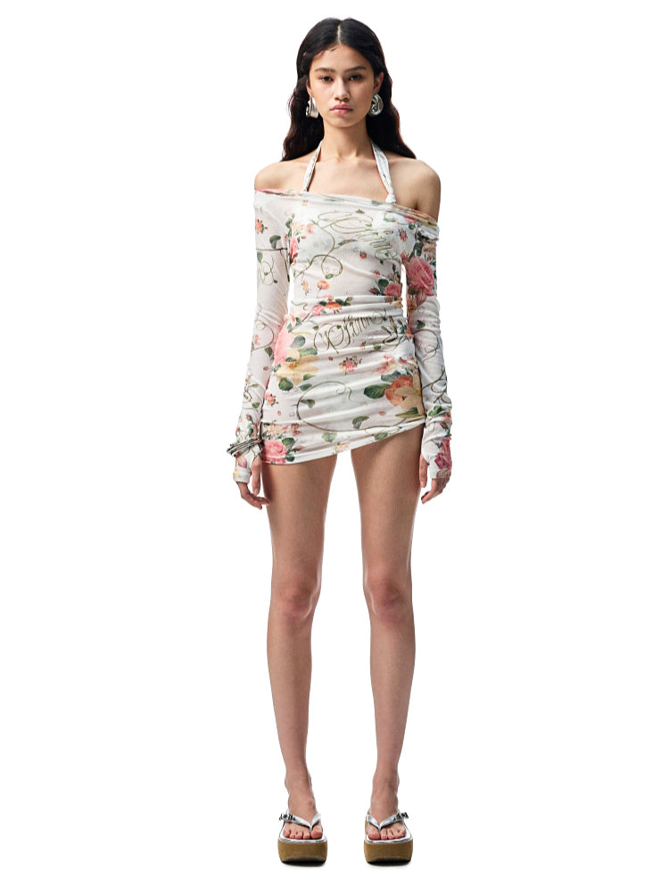 Floral All-over Print Off-the-Shoulder Sheer Cover-up - CHINASQUAD