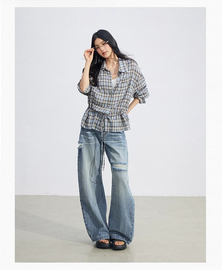 Vintage Plaid Drawstring Shirt