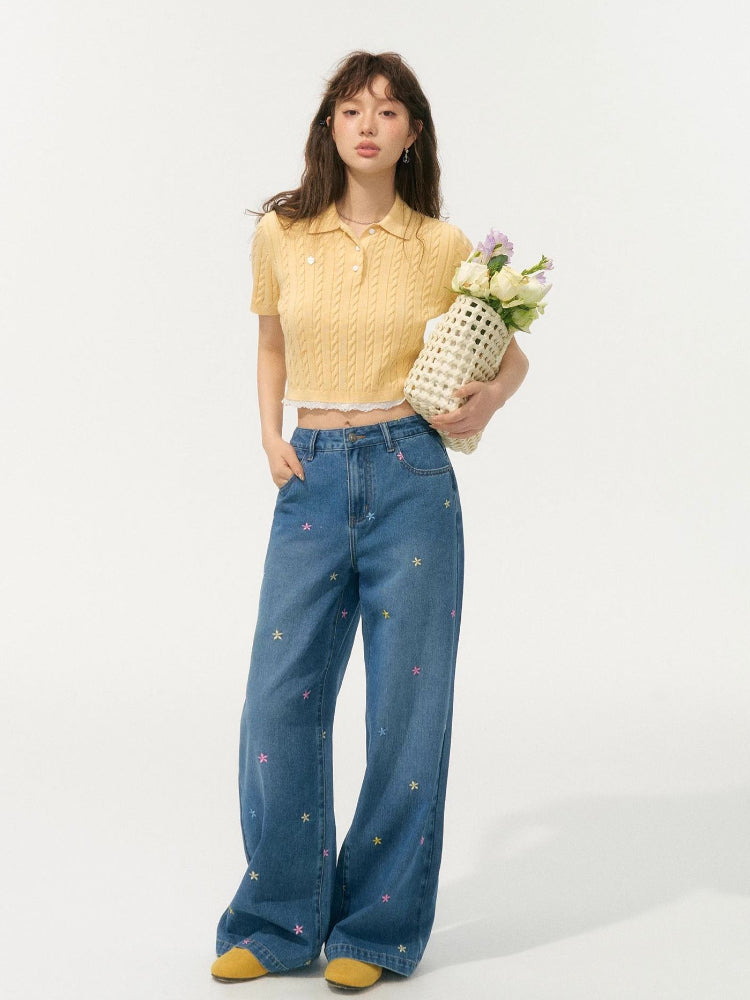 Embroidered High-Waisted Wide-Leg Pants - CHINASQUAD