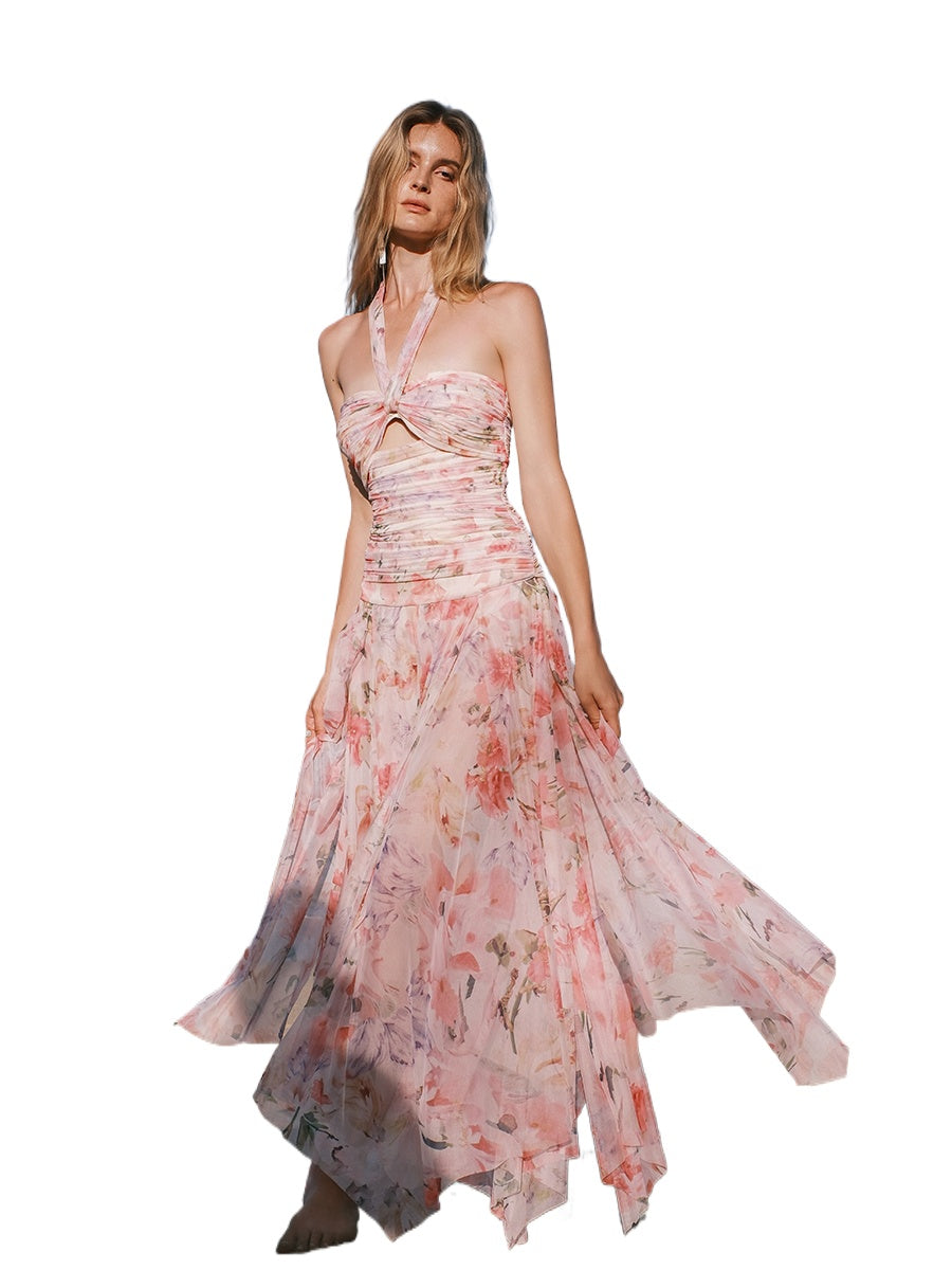 Evelyn Floral Ribbon Neckline Hollow-out Dress - CHINASQUAD