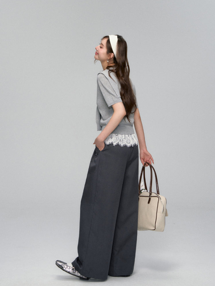 Waistband Lace-spliced Faux Two-piece Long Pants - CHINASQUAD