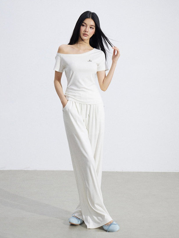 Off-Shoulder Draped Top Wide-Leg Pants Two-Piece Set