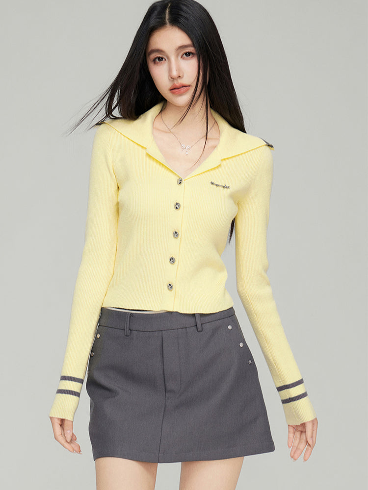 Navy Collar Ribbed Knit Cardigan  - CHINASQUAD