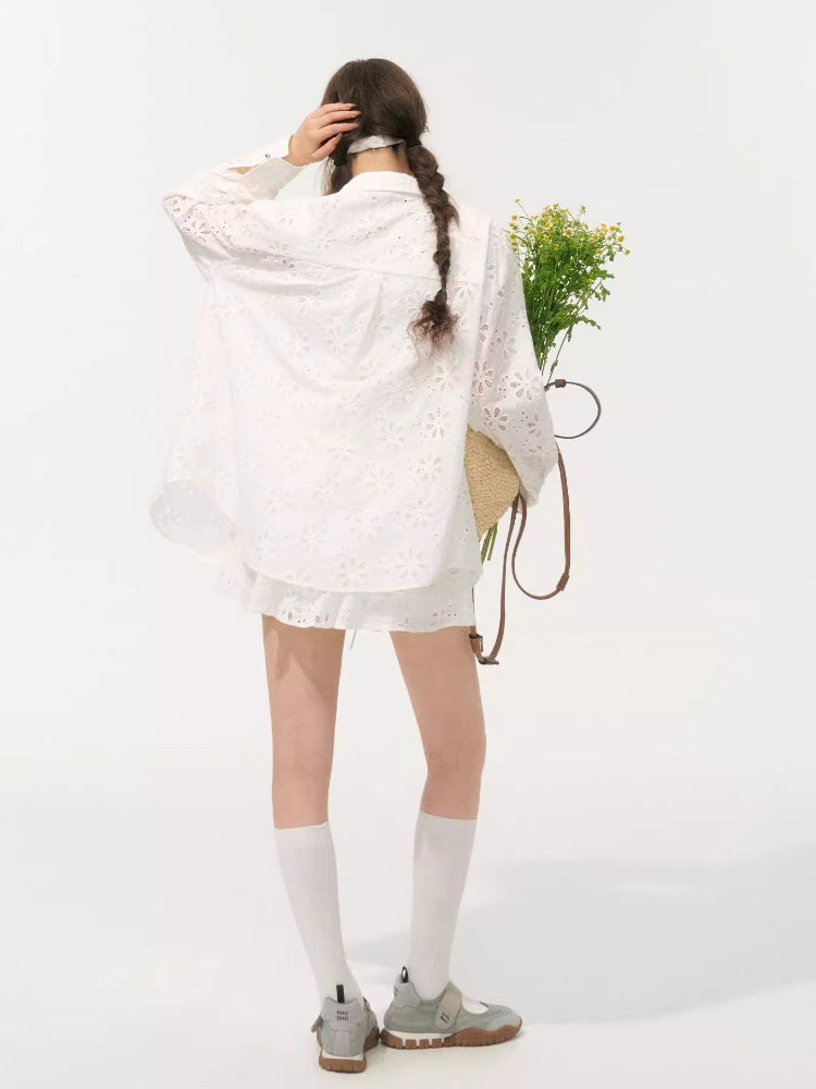 Collar Cut-Out Floral Shirt & Skirt Set - CHINASQUAD