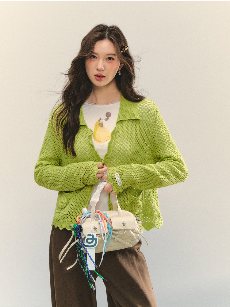 Hollow-out 3D Flower Crochet Lapel Cardigan - CHINASQUAD