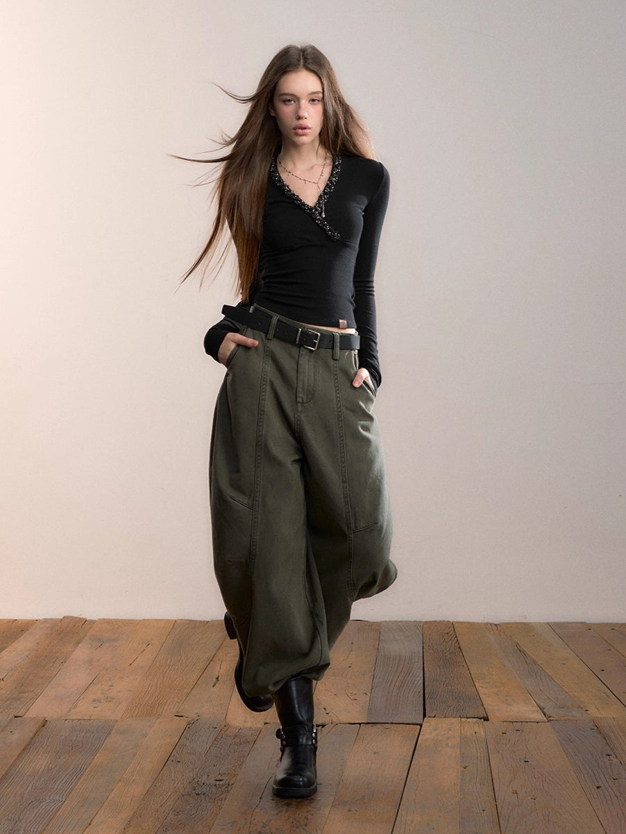 Army Green Relaxed Wide-Leg Pants