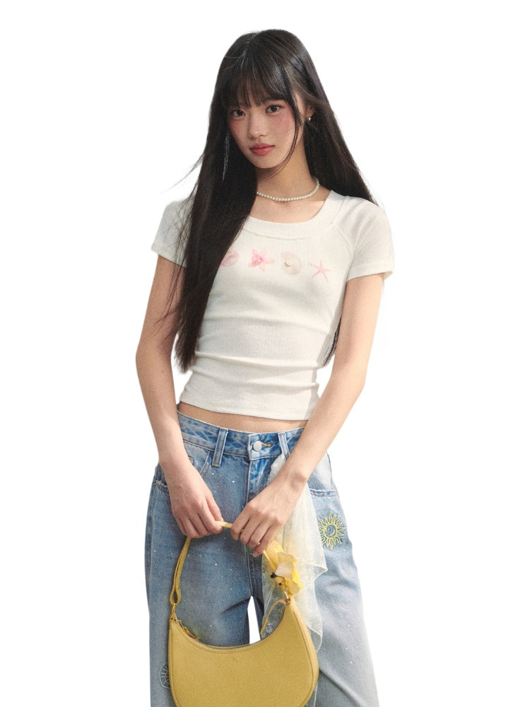 Crew Neck Printed Backless Embroidered T-Shirt - CHINASQUAD