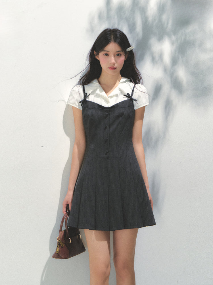 Academy Style Fake Two-piece Pleated Dress - CHINASQUAD