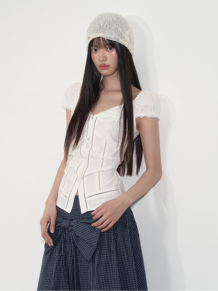 Lapel Waist-Cinching Lace Elastic Shirt - CHINASQUAD