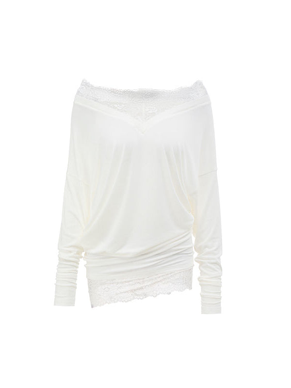 V-Neck Lace Trim Layered Blouse - CHINASQUAD