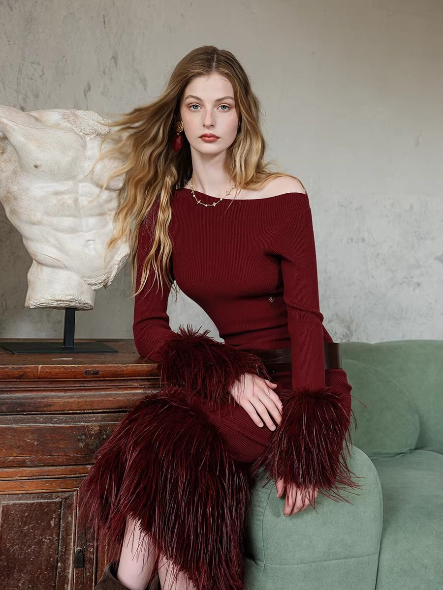 Vintage Off-Shoulder Knit Maxi Dress