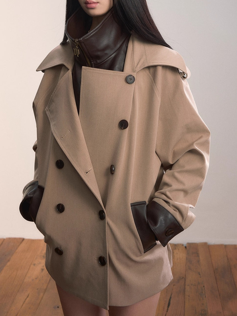 Contrast Faux-Layer Double-Breasted Wool-Blend Jacket - CHINASQUAD