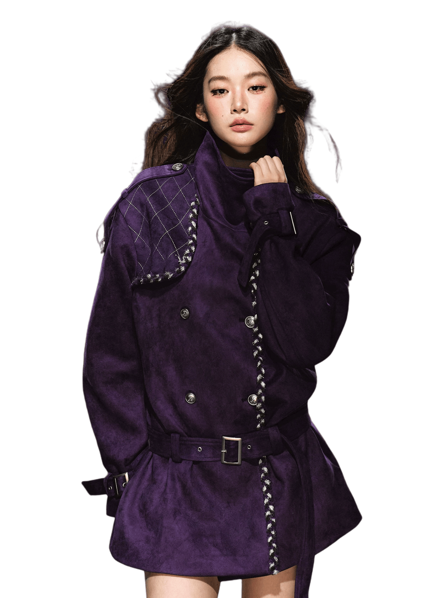 Purple Suede Stand-Collar Trench Jacket - CHINASQUAD