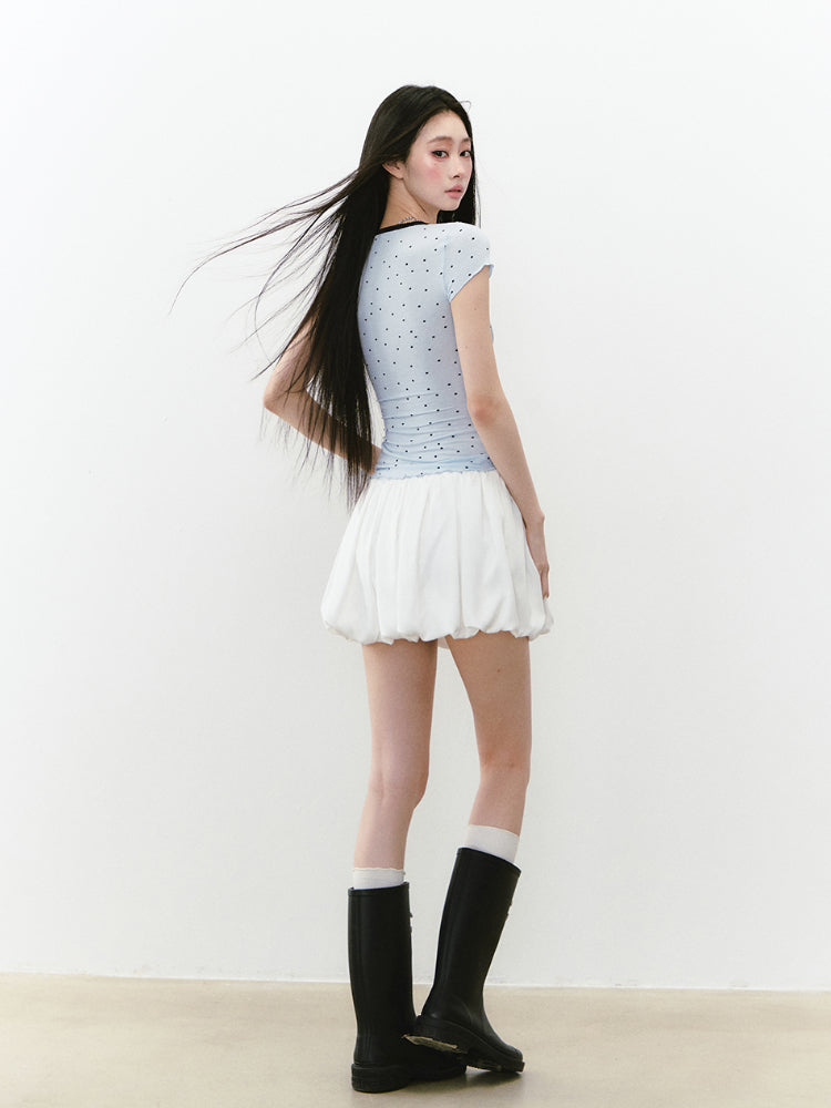 Waist-Cinched Polka Dot Short Sleeve T-shirt - CHINASQUAD