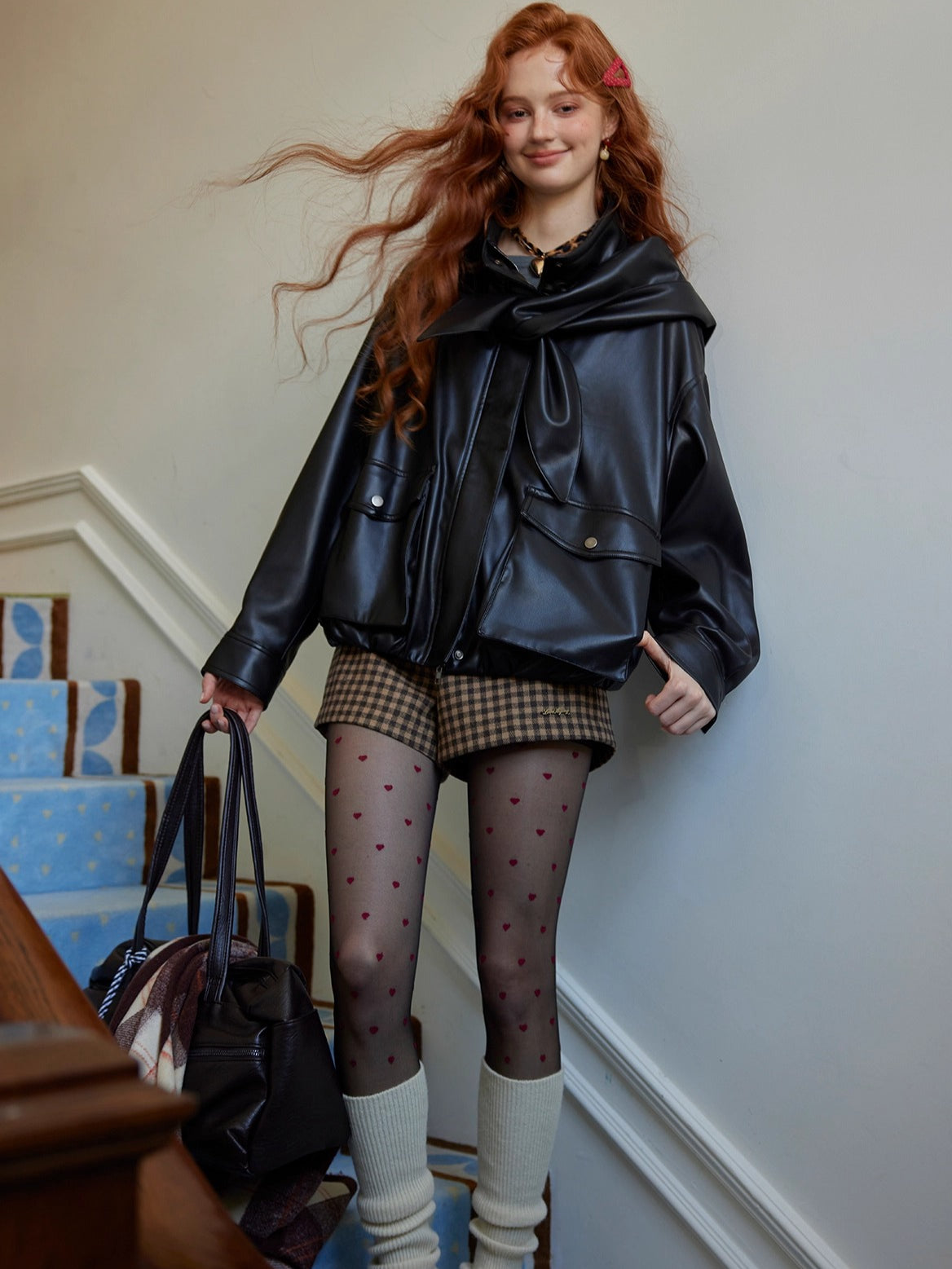 Detachable Bunny-Ear Hood Cropped PU Leather Jacket