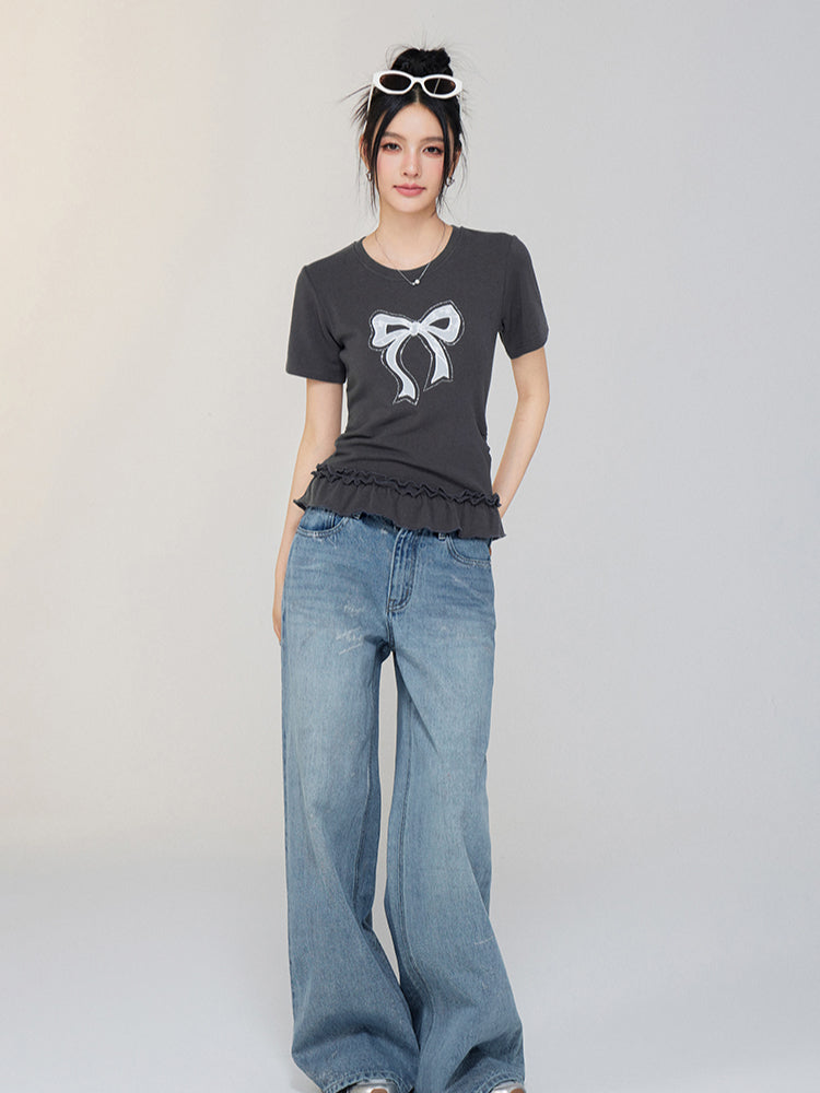 Ballet-style Bow-adorned Short sleeve Top - CHINASQUAD