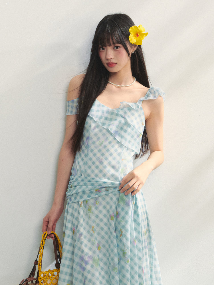 Checkered Print Asymmetrical Slip Dress - CHINASQUAD