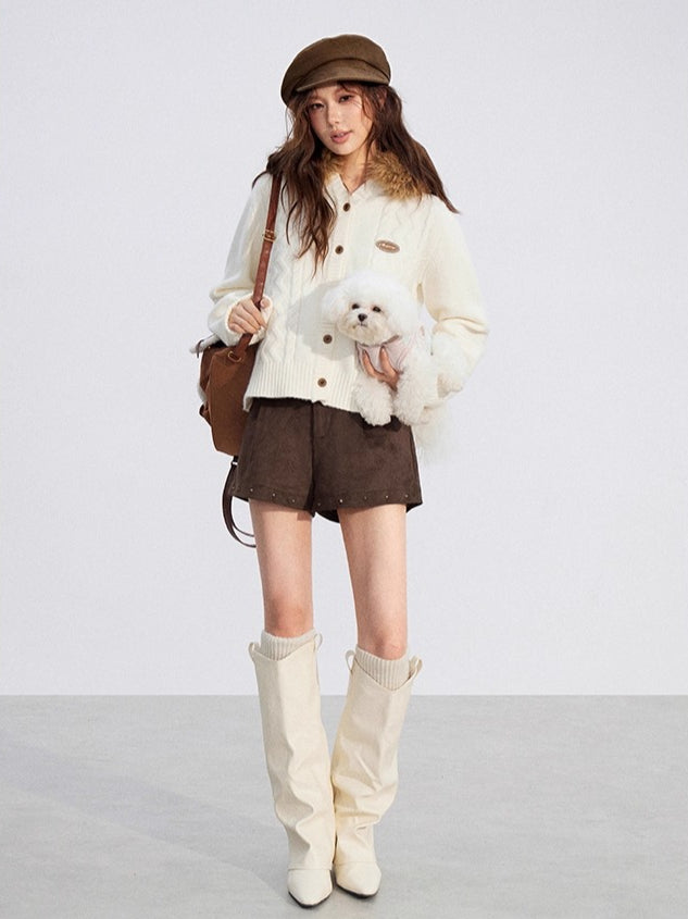 Detachable-Fur Cable-Knit Hoodie