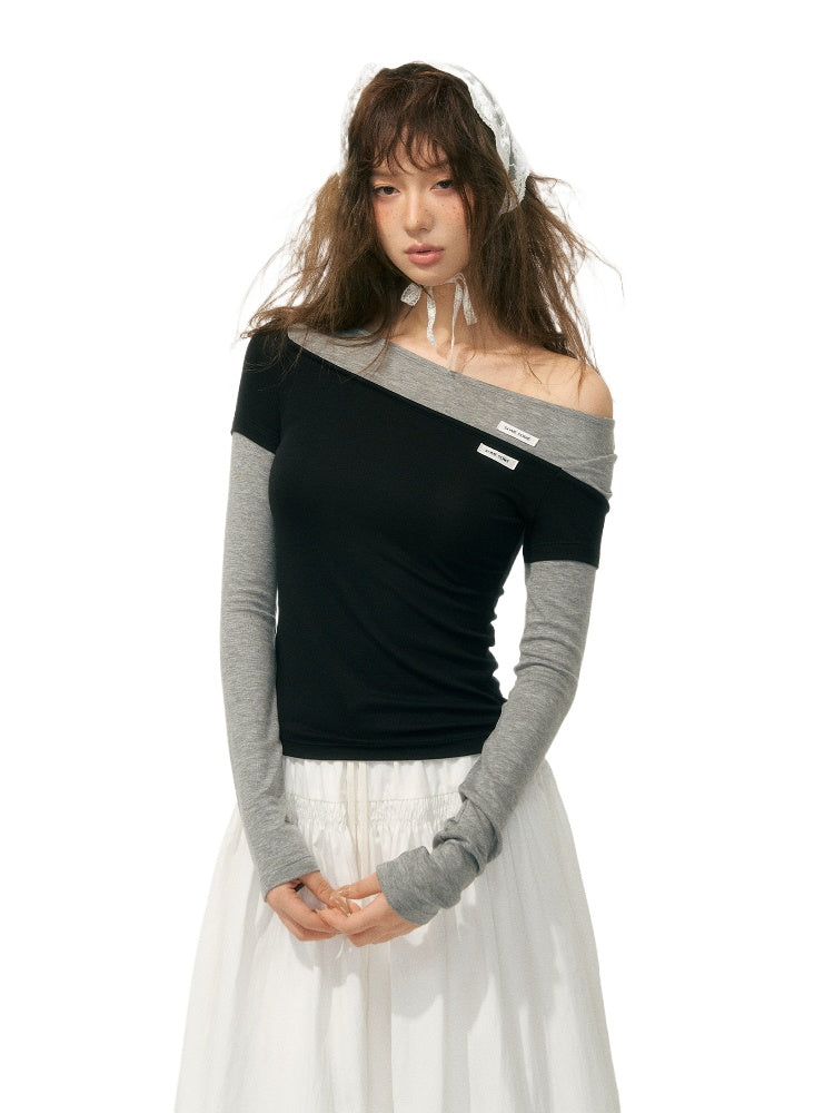 Irregular Fake Two-Piece Color-Block Knit T-shirt - CHINASQUAD