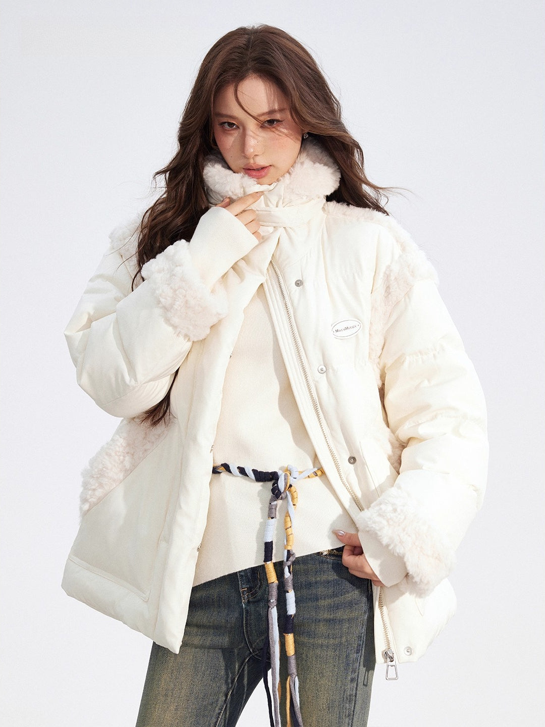 Shearling Panel 90% White Duck Down Jacket