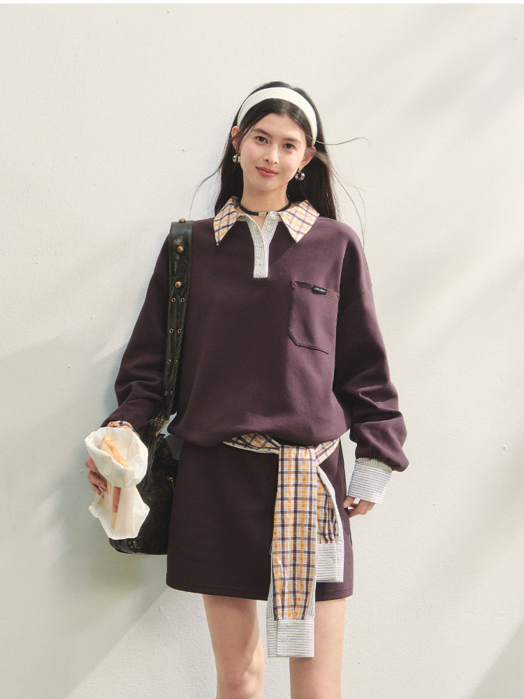 Fake Two-Piece Checkered Shirt Panel Sweatshirt - CHINASQUAD