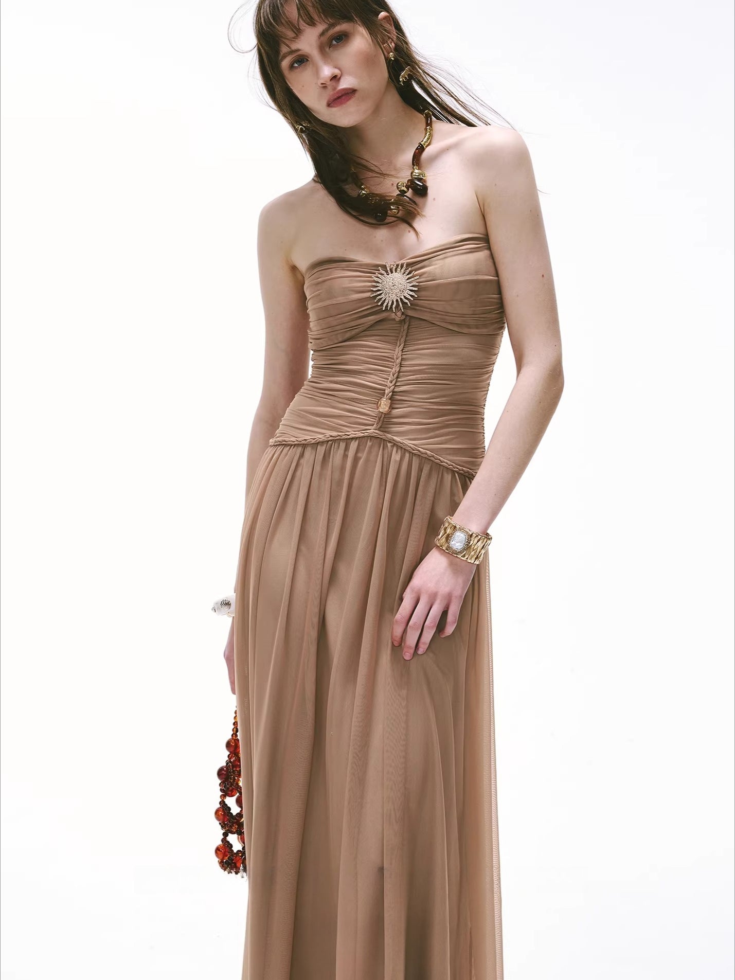 Cool-Goddess Strapless Braided Ruched Maxi Dress