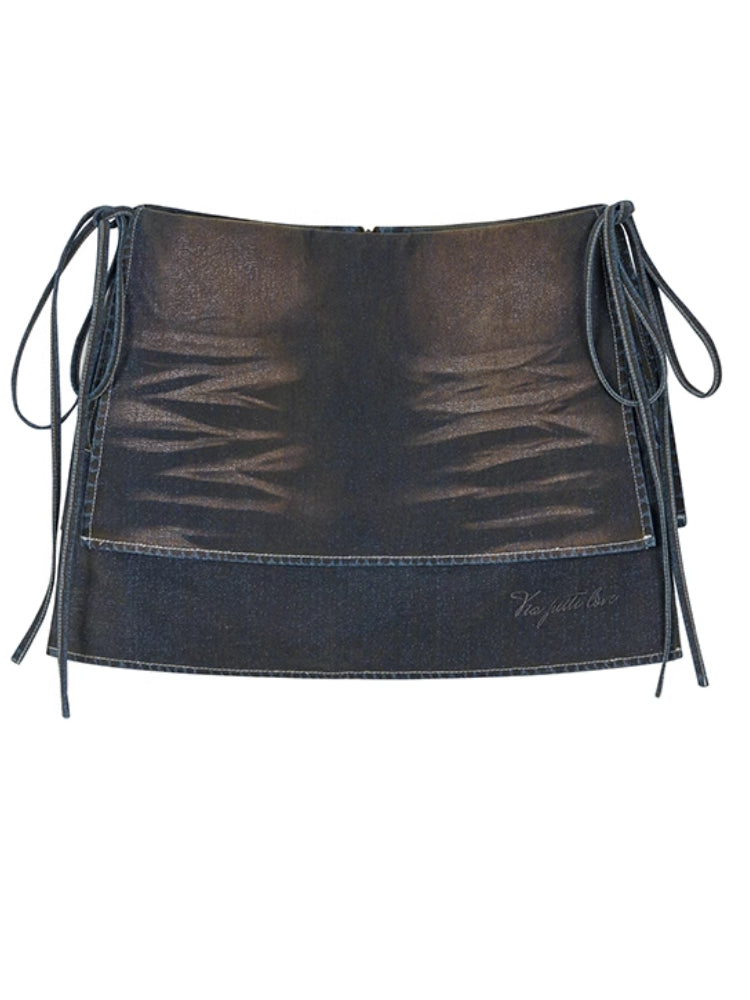 (Final Sale) Faux Two-Piece Tie Waist Denim Skirt - CHINASQUAD