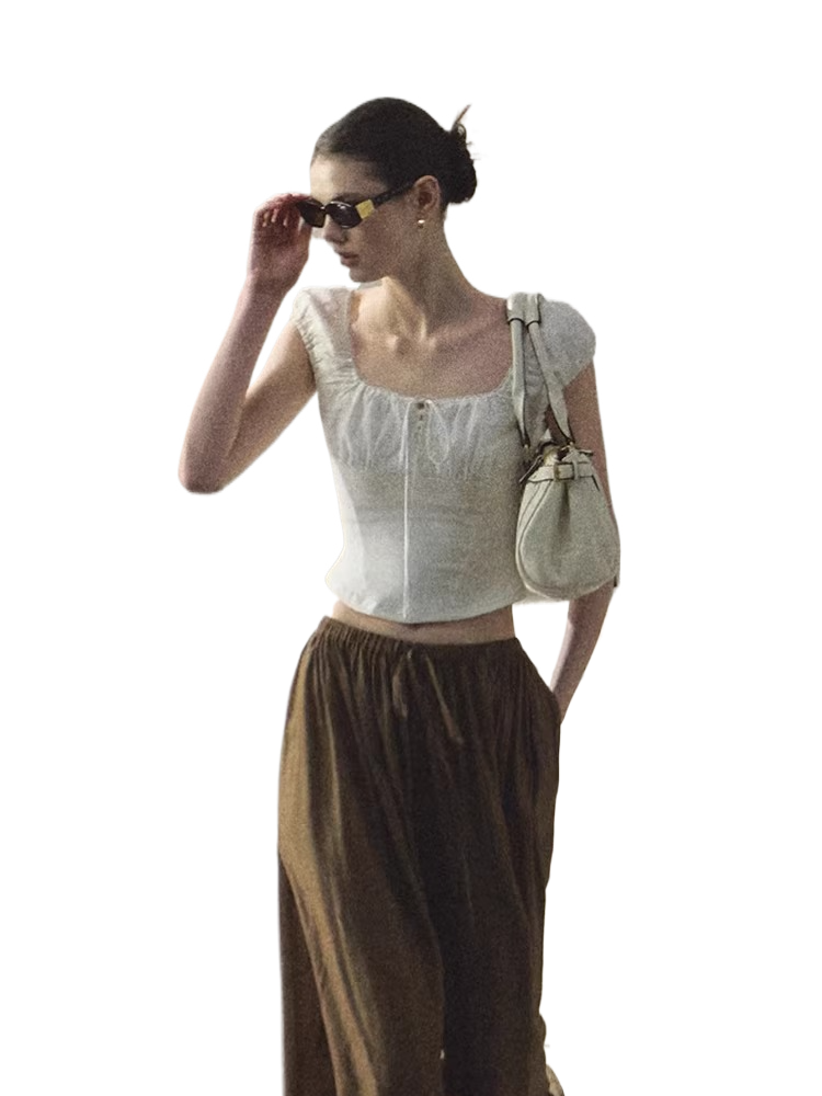 Ruched Waist Puff Sleeve Cropped T-shirt