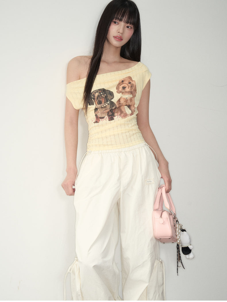 Puppy Print Off-Shoulder Tee - CHINASQUAD