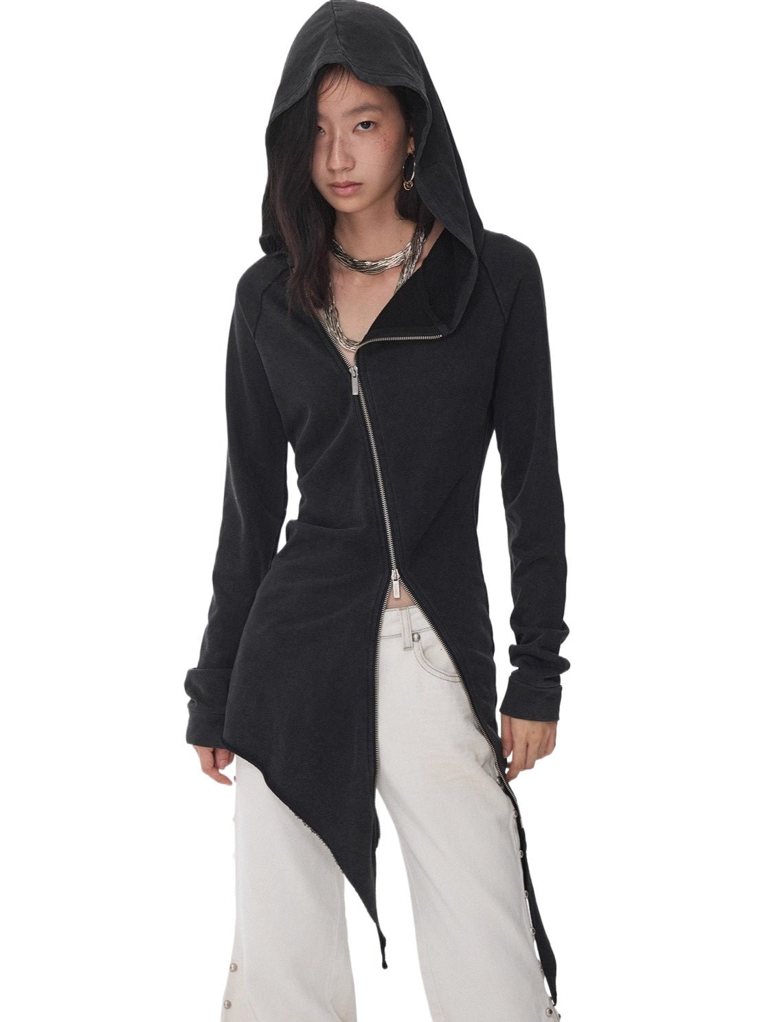 Washed Rhinestone Studded Deconstructed Hoodie Dress - CHINASQUAD