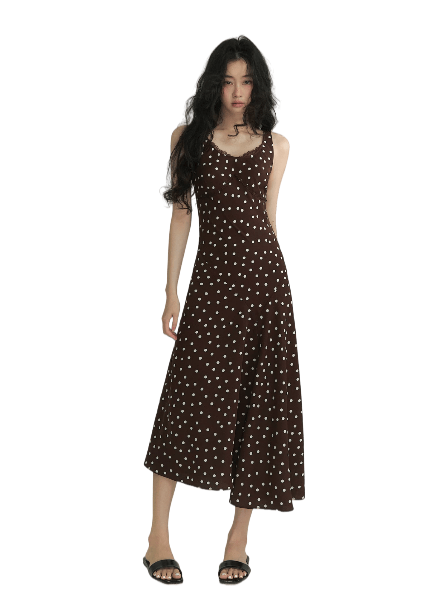 Lace-Trim Polka Dot Midi Dress