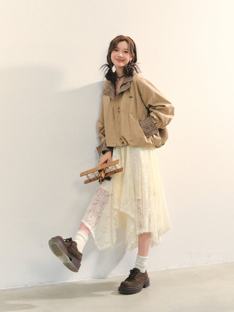 Two-piece Plaid Spliced Cocoon-shaped Trench Jacket - CHINASQUAD