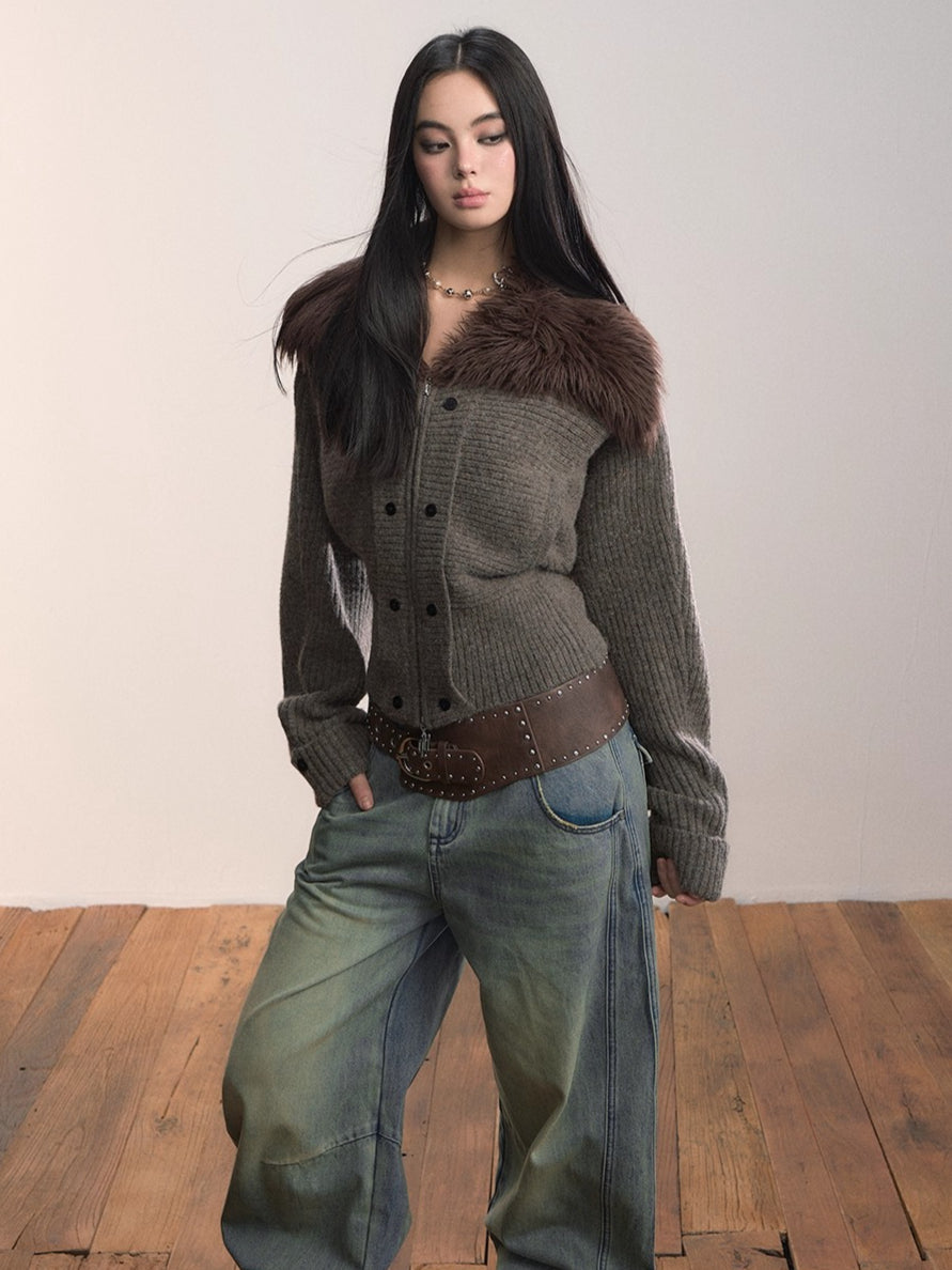 Faux Fur Collar Knit Jacket