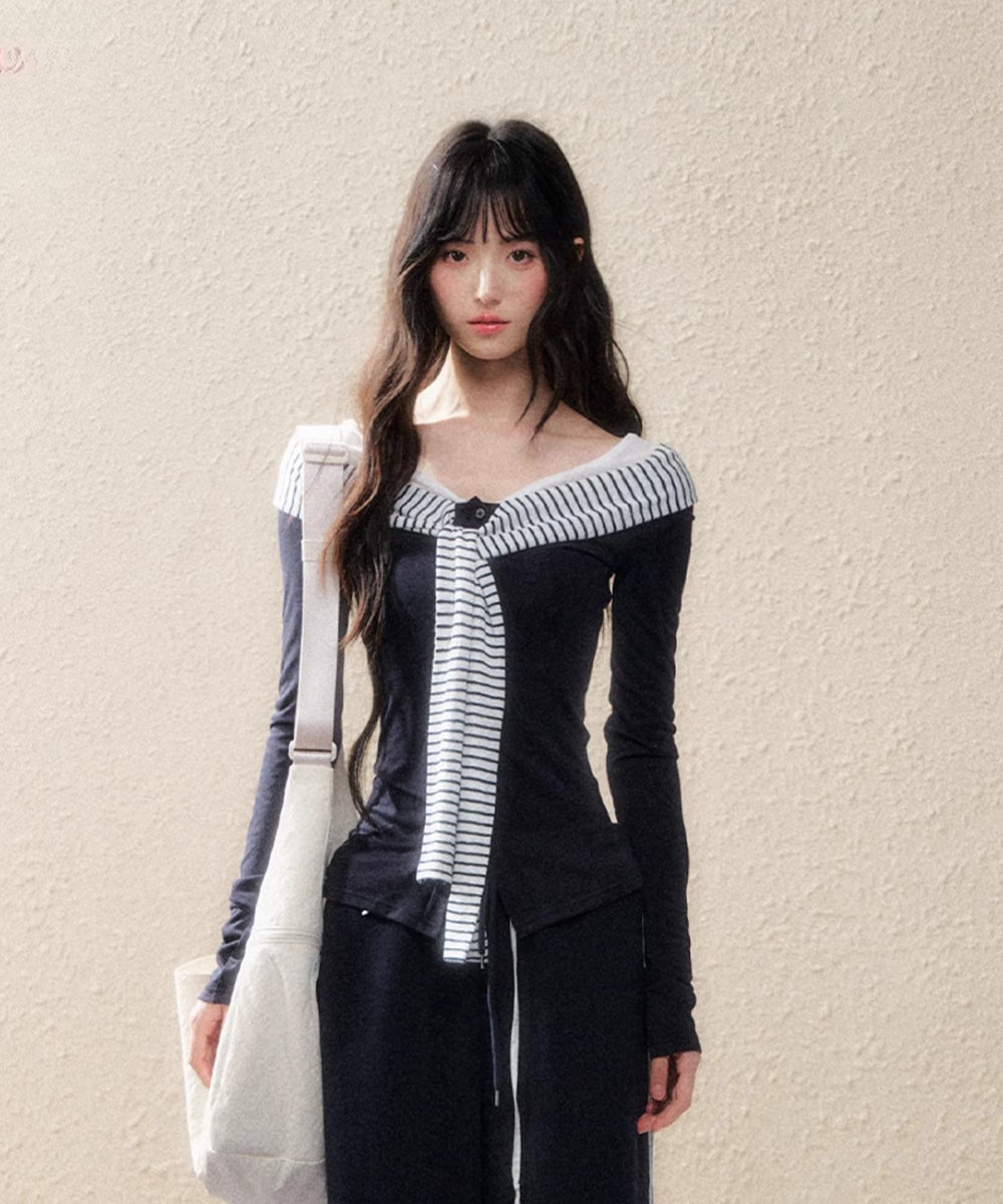 Navy Sailor-Collar Contrast Stripe Knit T-shirt - CHINASQUAD