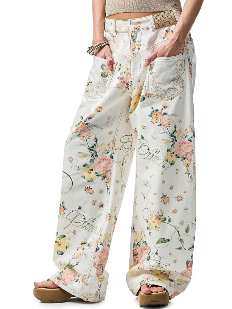 Floral Print Low-Waist Trousers - CHINASQUAD