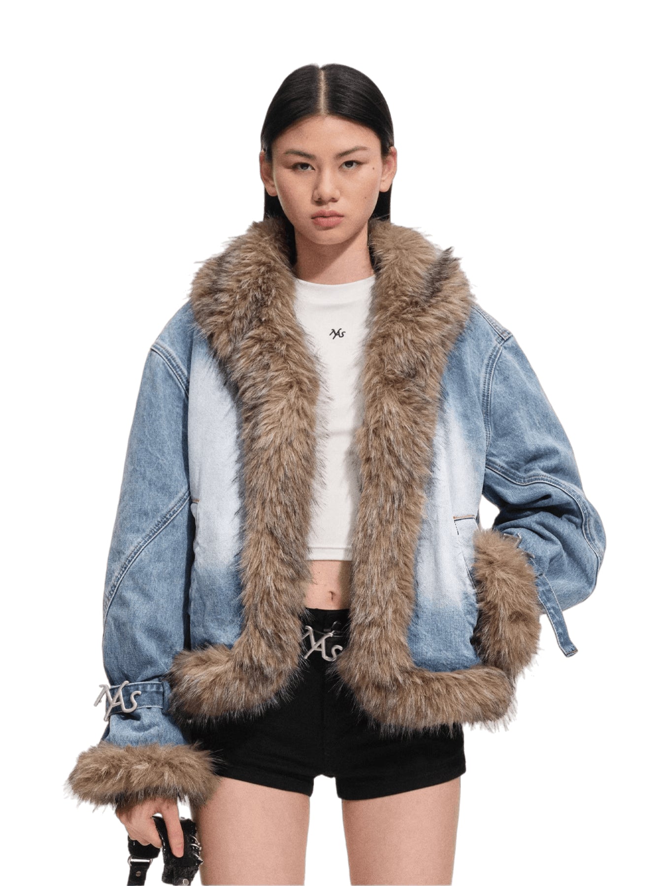 Faux-Fur Trim Washed Denim Jacket