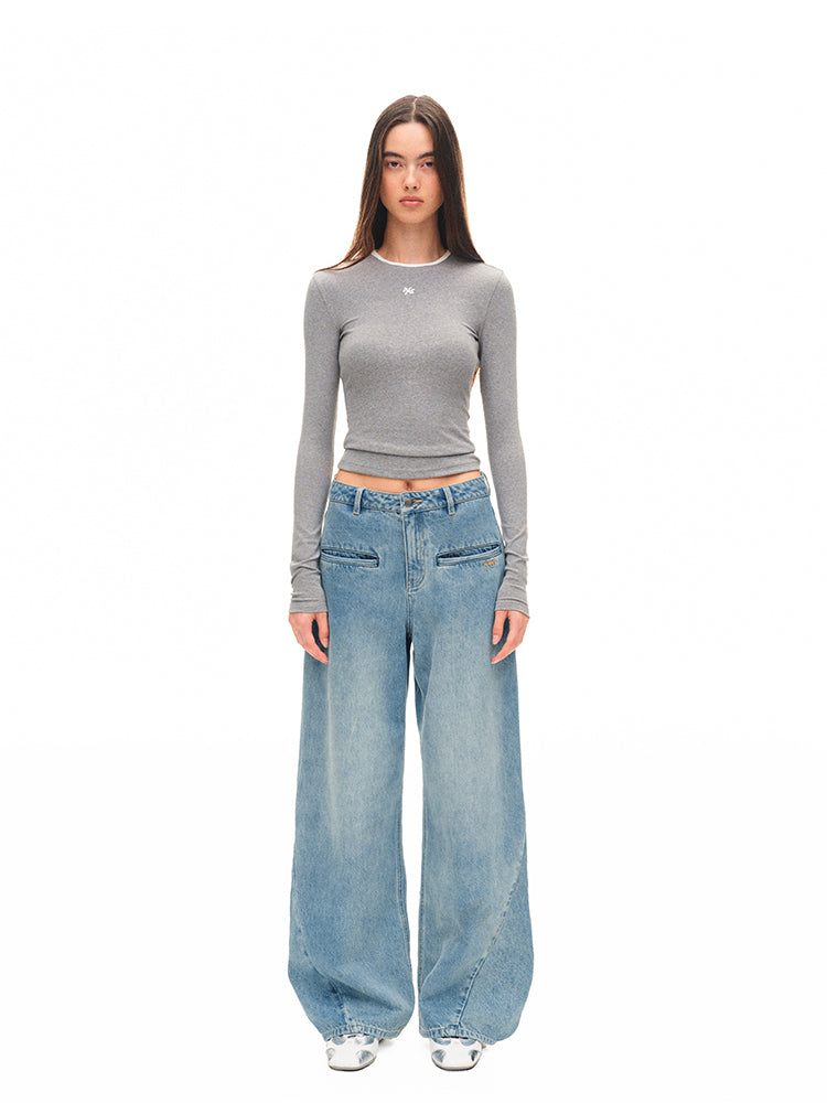 Contrast-trim Regular-shoulder Long-Sleeve T-shirt - CHINASQUAD