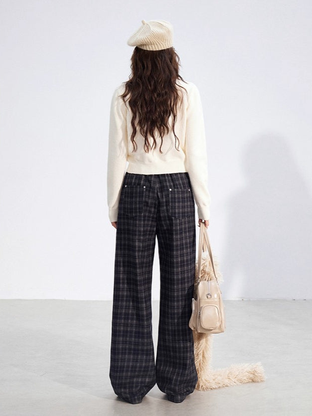 Plaid Fleece-Lined Wide-Leg Trousers
