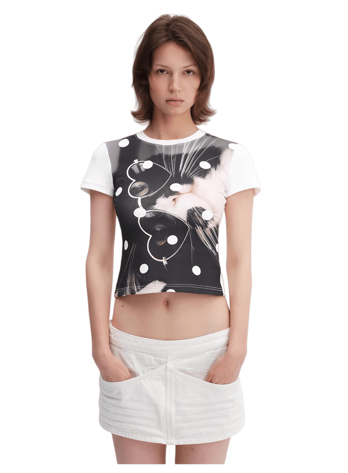 Playful Cat Polka Dot Cropped T-Shirt
