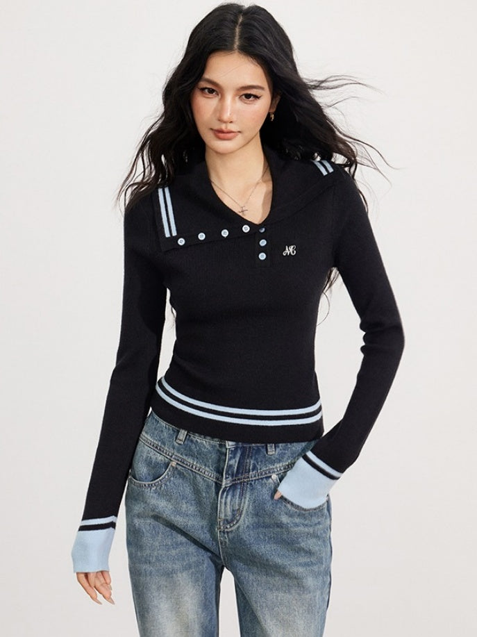 Sailor Collar Colorblock Knit V-neck - CHINASQUAD
