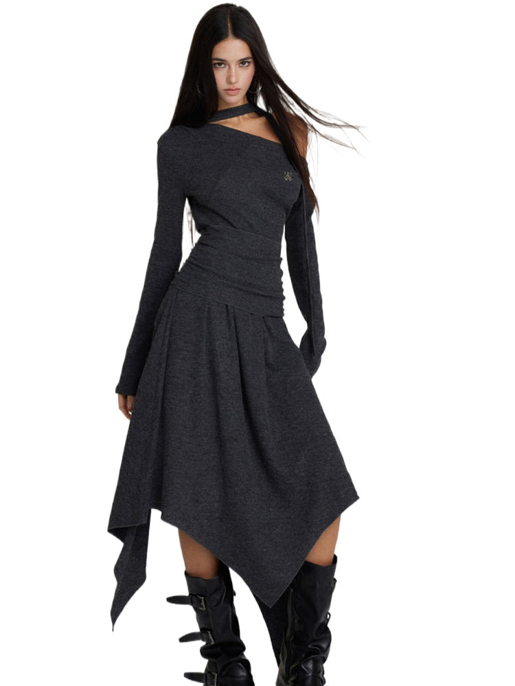 Waist-Cinched Irregular Hem Off-Shoulder Dress - CHINASQUAD