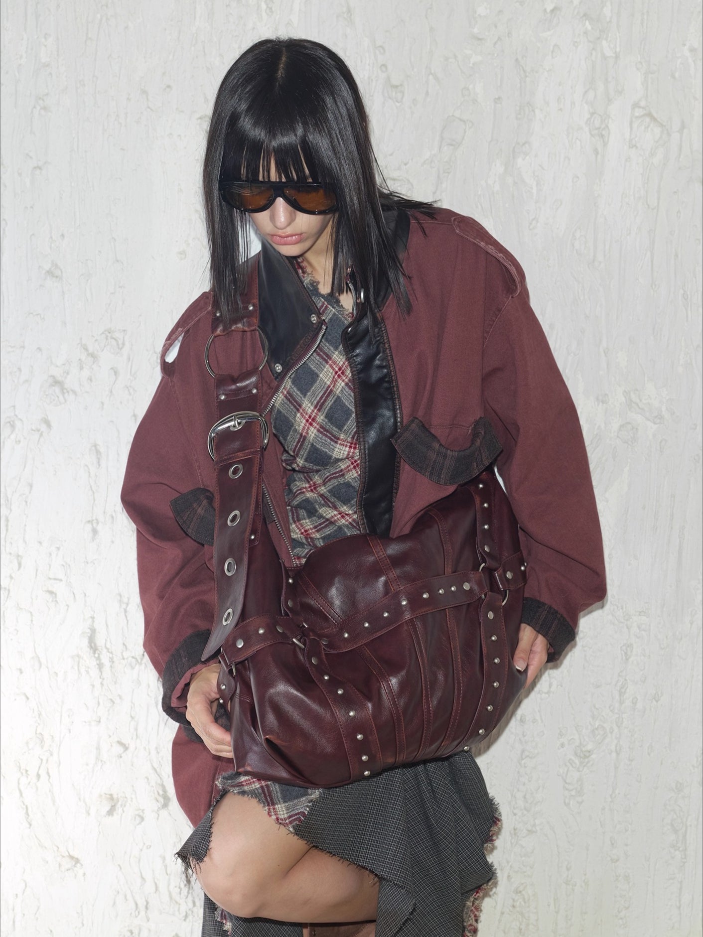 Vintage Studded Wide-Strap Crossbody Bag